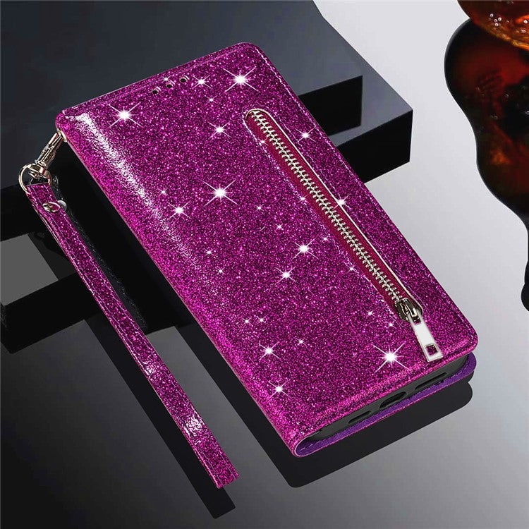 Glitter Sequins Magnetic Clasp Well-protected Anti-shock Zipper Pocket Wallet Flip Leather Phone Cover with Stand for Google Pixel 6 - Purple