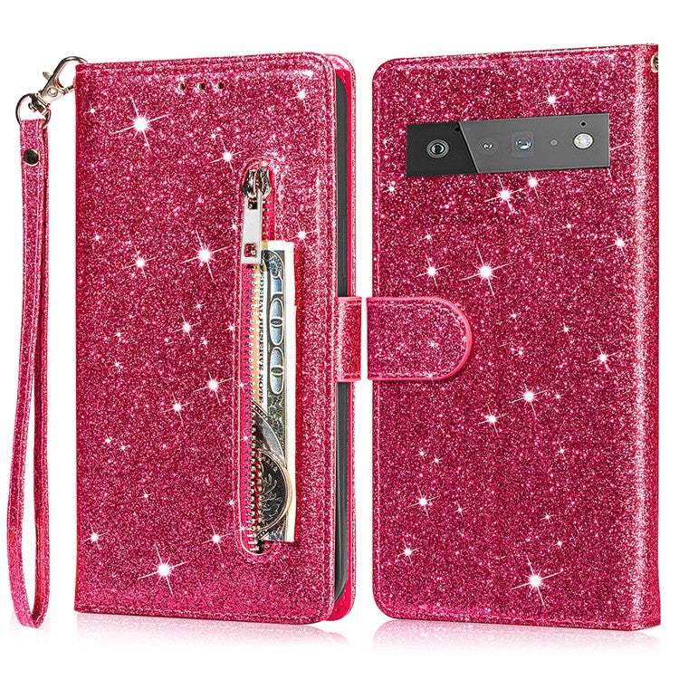 Glitter Sequins Magnetic Clasp Well-protected Anti-shock Zipper Pocket Wallet Flip Leather Phone Cover with Stand for Google Pixel 6 - Rose