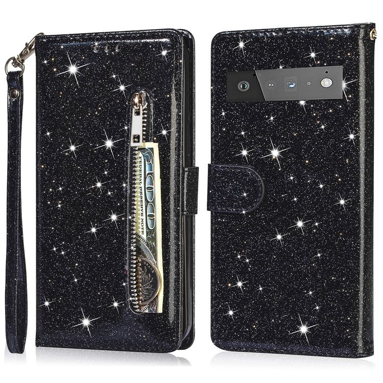 Glitter Sequins Magnetic Clasp Well-protected Anti-shock Zipper Pocket Wallet Flip Leather Phone Cover with Stand for Google Pixel 6 - Black