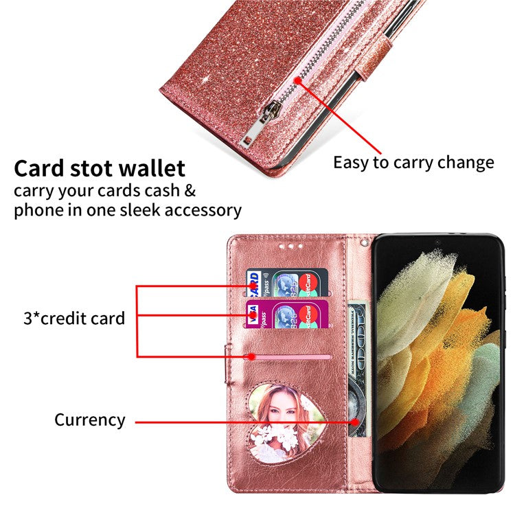 Glitter Sequins Stylish Anti-fall Magnetic Clasp Zipper Pocket Flip Leather Phone Cover with Wallet and Stand for Google Pixel 6 Pro - Rose Gold