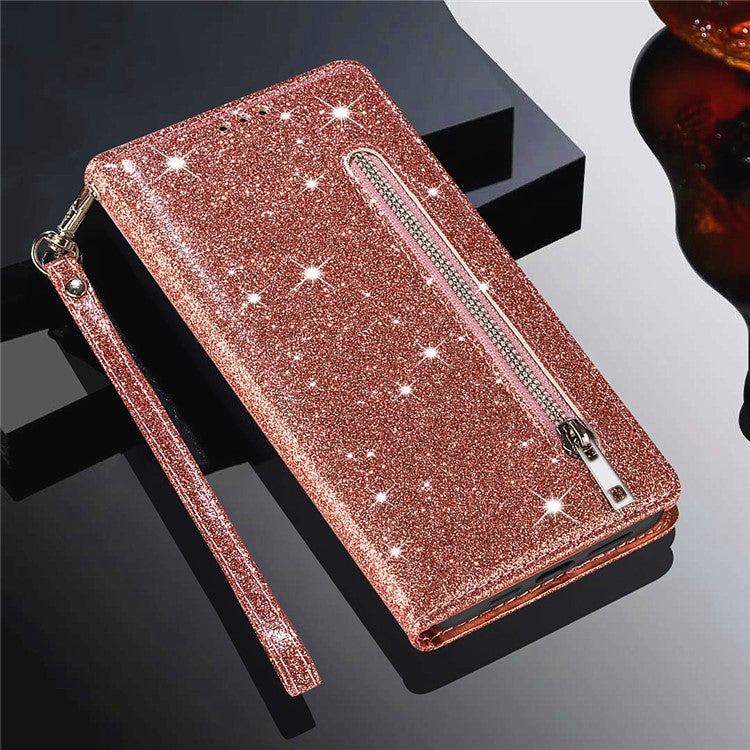 Glitter Sequins Stylish Anti-fall Magnetic Clasp Zipper Pocket Flip Leather Phone Cover with Wallet and Stand for Google Pixel 6 Pro - Rose Gold