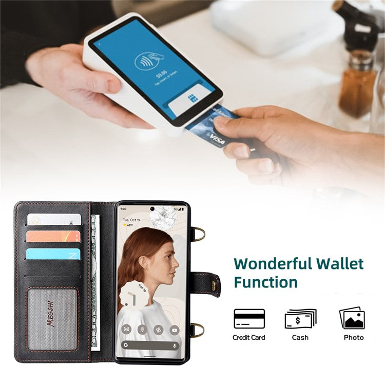 MEGSHI 020 Series Magnetic Detachable Design Shockproof PU Leather TPU Wallet Cover Scratch-resistant Shoulder Bag for Google Pixel 6 Pro - Black