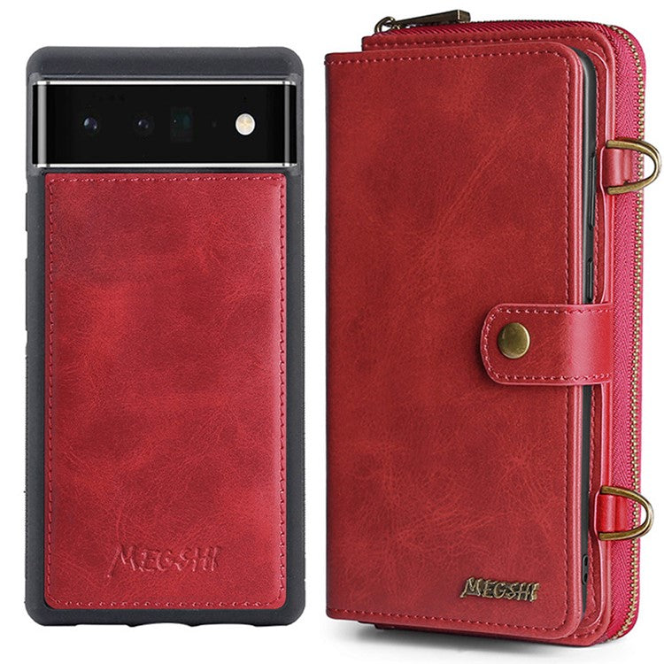 MEGSHI 020 Series Wallet Magnetic Detachable Design Shockproof PU Leather TPU Phone Cover Shoulder Bag for Google Pixel 6 - Red