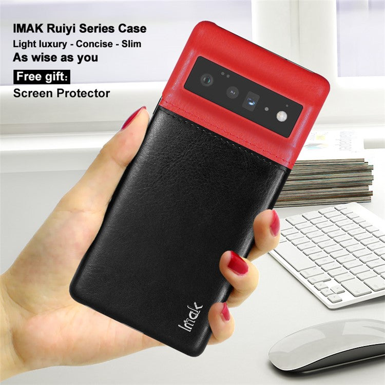 IMAK Ruiyi Series Bi-Color Precise Cutout Anti-Scratch PU Leather Coated PC Phone Cover Shell with Screen Protector for Google Pixel 6 Pro - Red/Black