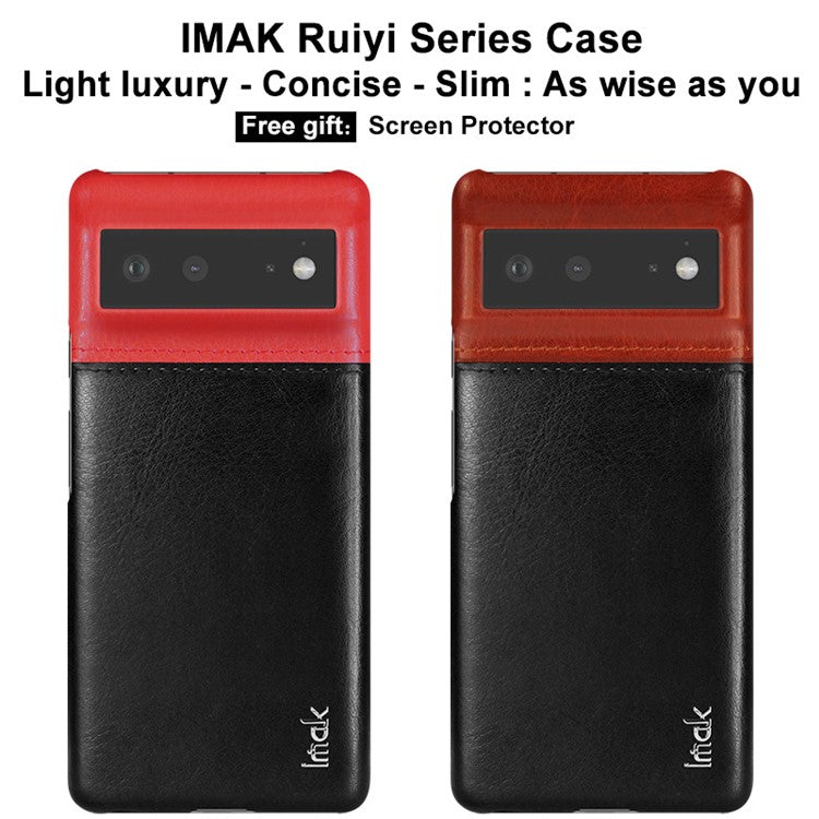IMAK Ruiyi Series Bi-Color Anti-Scratch Slim PU Leather Coated PC Phone Case Shell with Screen Protector for Google Pixel 6 - Brown/Black