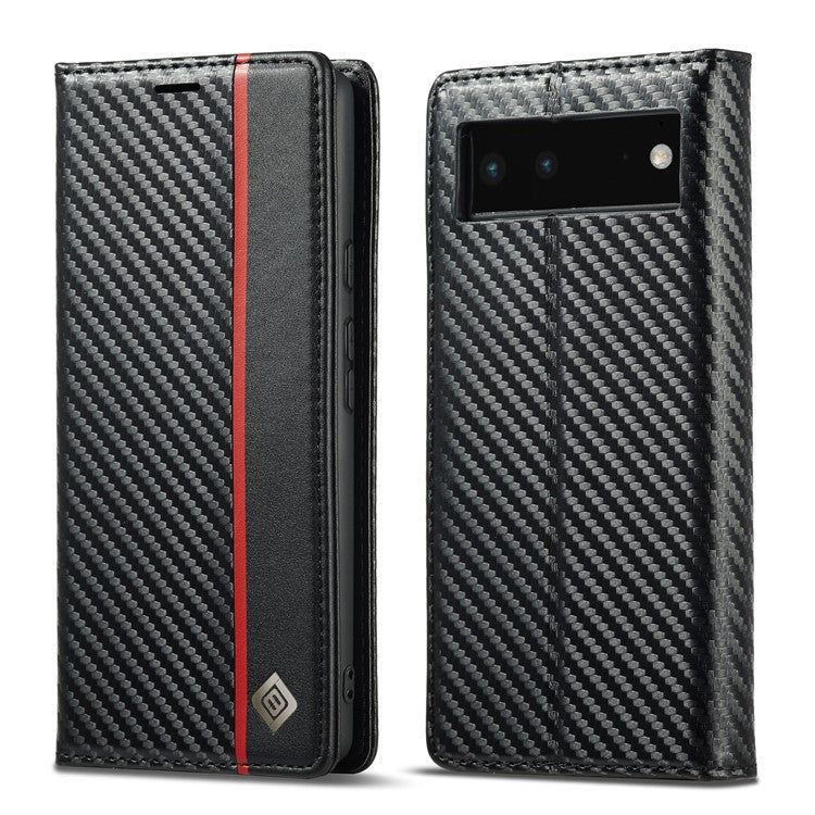 LC.IMEEKE Carbon Fiber Texture Wallet Design Scratch-resistant Phone Case Shell with Stand for Google Pixel 6 - Vertical Stripe