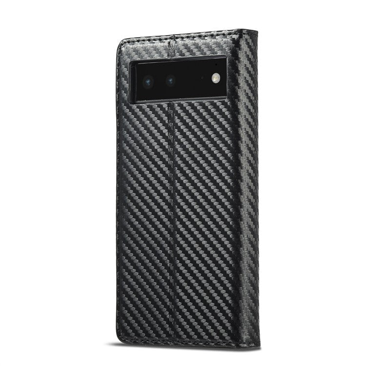LC.IMEEKE Carbon Fiber Texture Wallet Design Scratch-resistant Phone Case Shell with Stand for Google Pixel 6 - Vertical Stripe