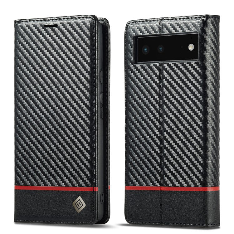 LC.IMEEKE Carbon Fiber Texture Wallet Design Scratch-resistant Phone Case Shell with Stand for Google Pixel 6 - Horizontal Stripe