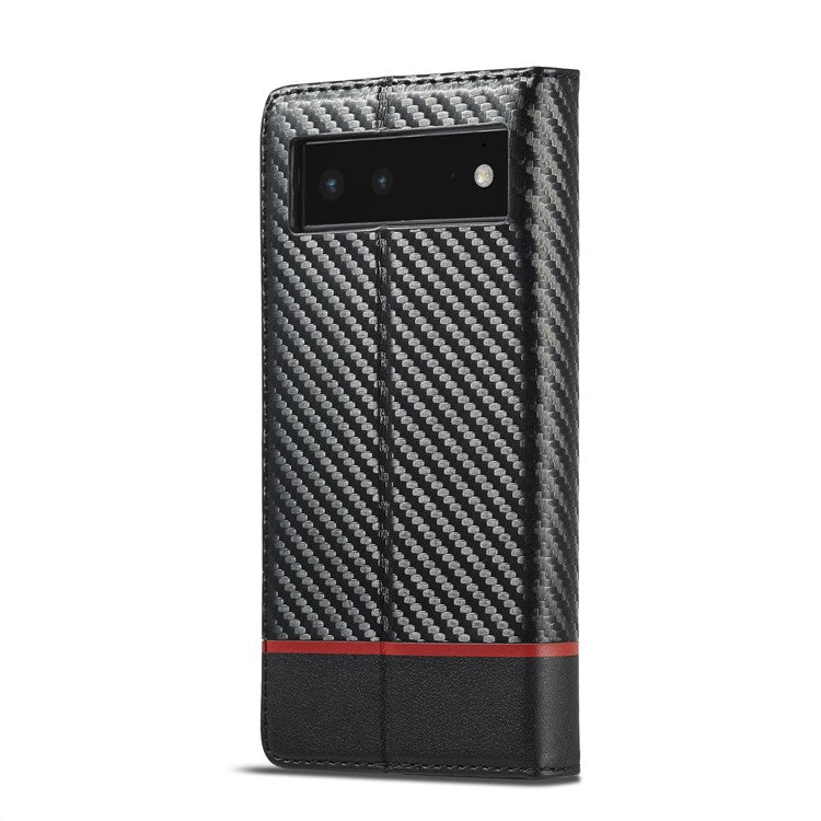 LC.IMEEKE Carbon Fiber Texture Wallet Design Scratch-resistant Phone Case Shell with Stand for Google Pixel 6 - Horizontal Stripe