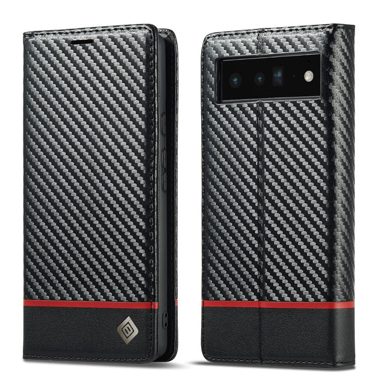 LC.IMEEKE Carbon Fiber Texture Wallet Design Auto-absorbed Magnetic Closing Phone Case Cover with Stand for Google Pixel 6 Pro - Horizontal Stripe