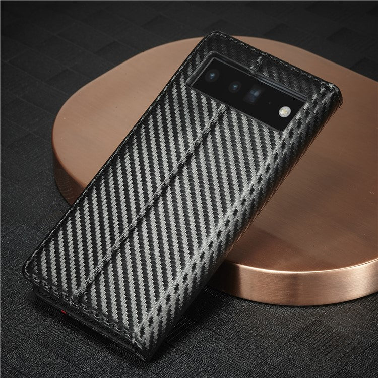 LC.IMEEKE Carbon Fiber Texture Wallet Design Auto-absorbed Magnetic Closing Phone Case Cover with Stand for Google Pixel 6 Pro - Vertical Stripe