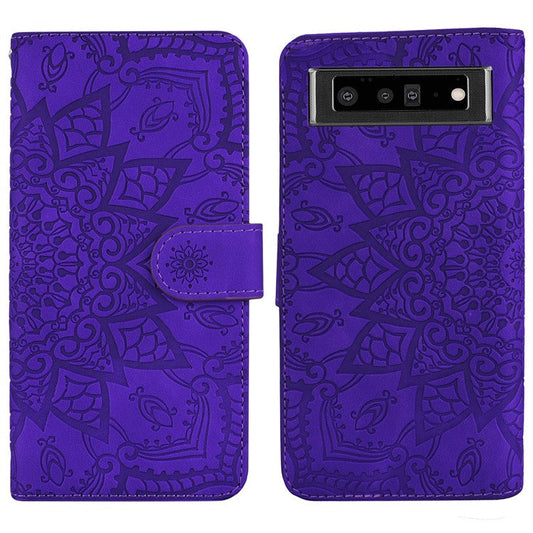 Imprint Flower Phone Cover Well-protected Drop-proof Wallet Design Leather Cover with Stand for Google Pixel 6 - Purple