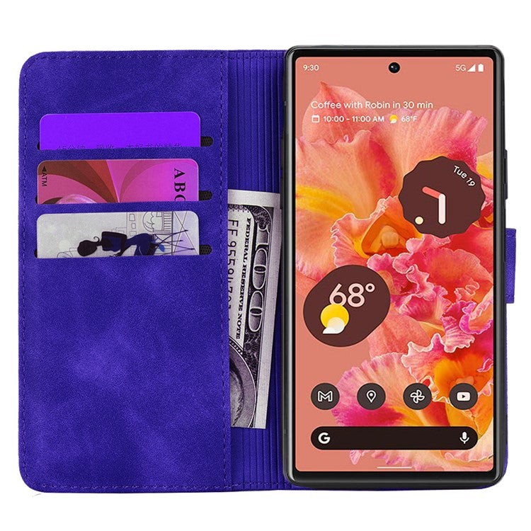 Imprint Flower Phone Cover Well-protected Drop-proof Wallet Design Leather Cover with Stand for Google Pixel 6 - Purple