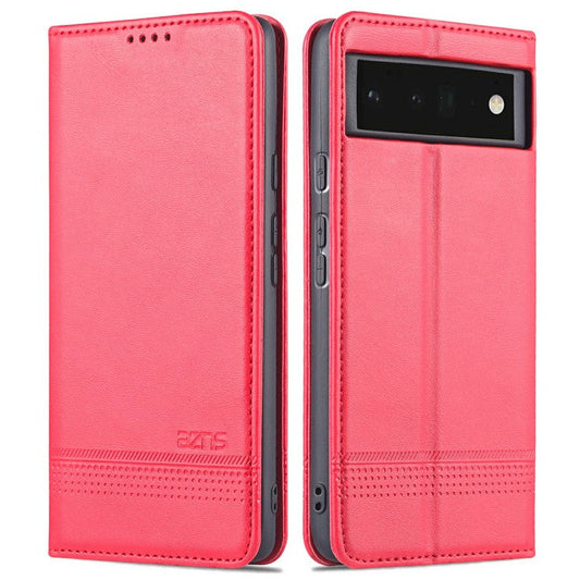 AZNS Practical Flip Phone Cover Wallet Design Durable PU Leather Shockproof Phone Case for Google Pixel 6 - Red