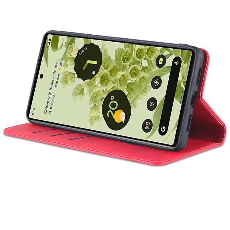 AZNS Practical Flip Phone Cover Wallet Design Durable PU Leather Shockproof Phone Case for Google Pixel 6 - Red