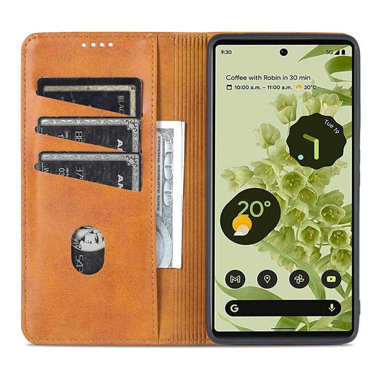AZNS Practical Flip Phone Cover Wallet Design Durable PU Leather Shockproof Phone Case for Google Pixel 6 - Brown