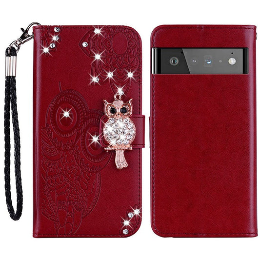 Bling Rhinestone Decor Imprinted Owl Flower Pattern Leather Case Shell with Stand Wallet for Google Pixel 6 - Red