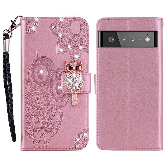 Bling Rhinestone Decor Imprinted Owl Flower Pattern Leather Case Shell with Stand Wallet for Google Pixel 6 - Rose Gold
