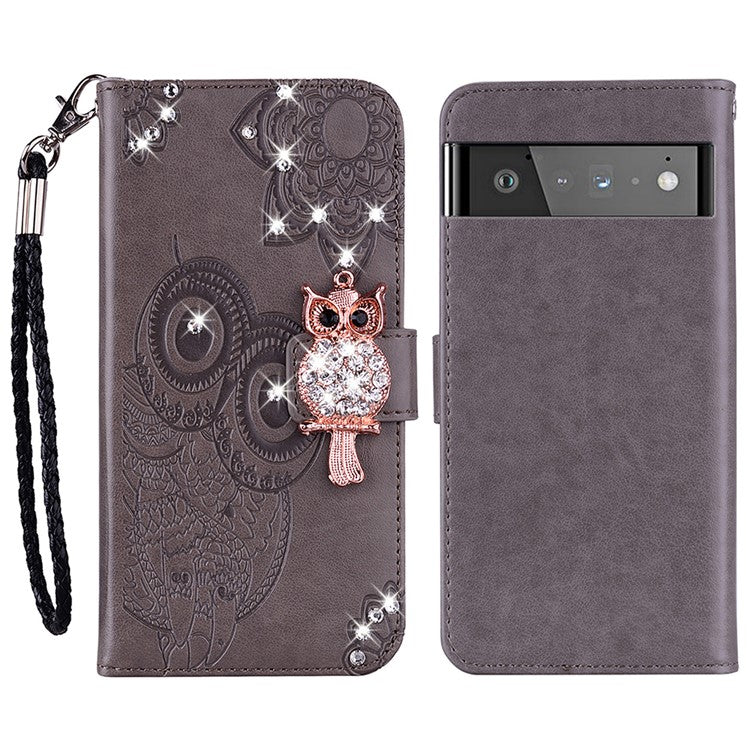 Bling Rhinestone Decor Imprinted Owl Flower Pattern Leather Case Shell with Stand Wallet for Google Pixel 6 - Grey