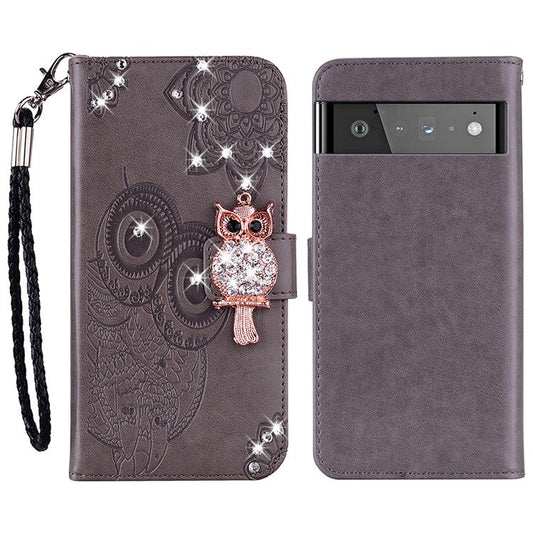 Bling Rhinestone Decor Imprinted Owl Flower Pattern Leather Case Shell with Stand Wallet for Google Pixel 6 - Grey