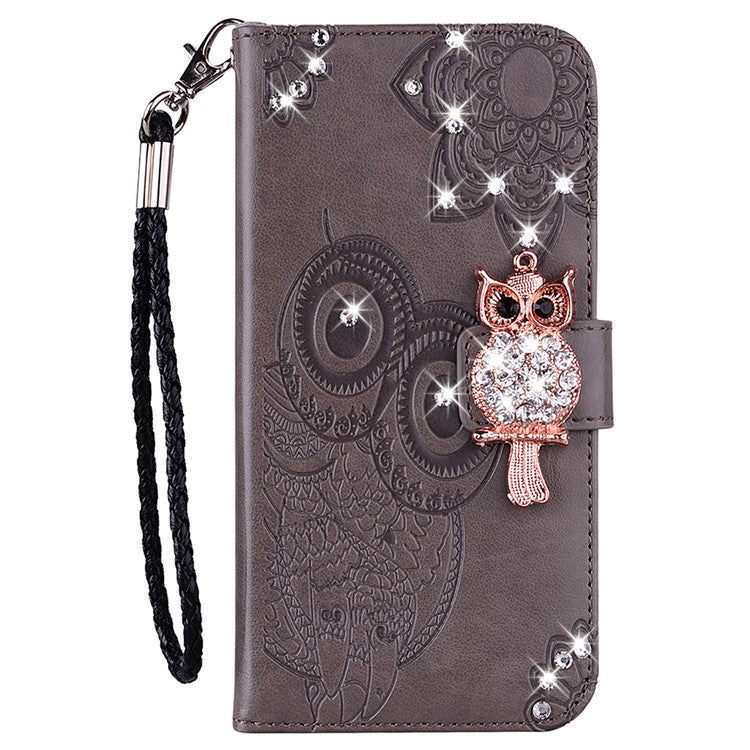Bling Rhinestone Decor Imprinted Owl Flower Pattern Leather Case Shell with Stand Wallet for Google Pixel 6 - Grey