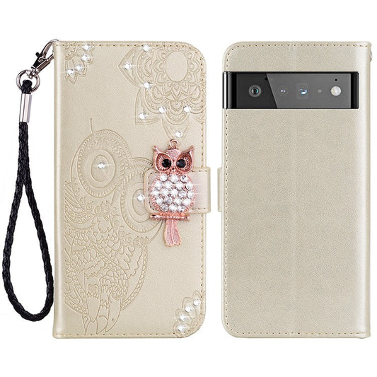 Bling Rhinestone Decor Imprinted Owl Flower Pattern Leather Case Shell with Stand Wallet for Google Pixel 6 - Gold
