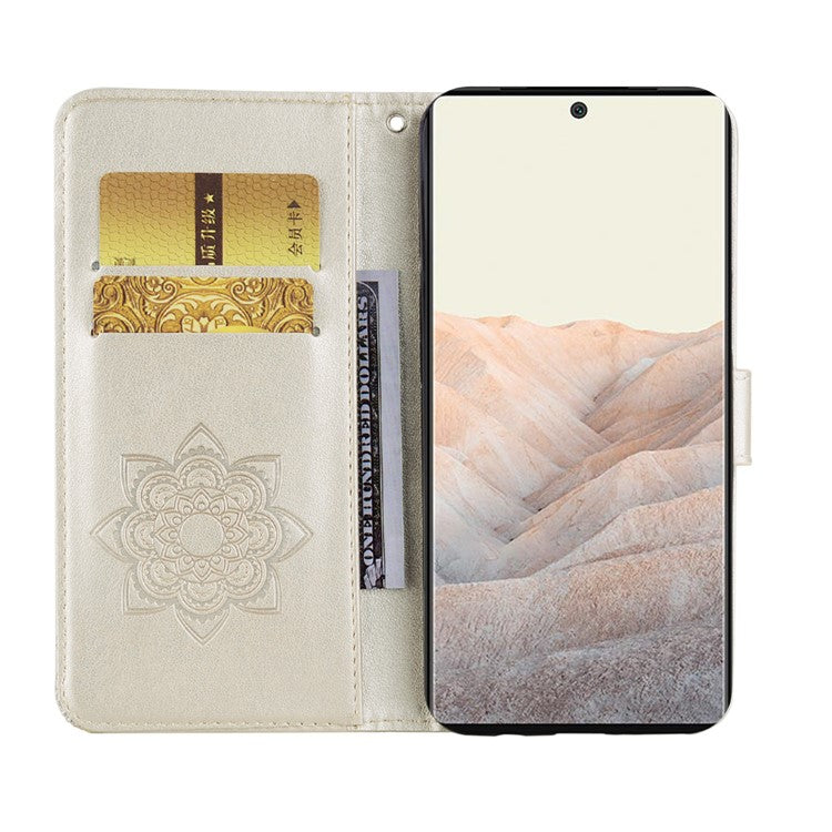 Bling Rhinestone Decor Imprinted Owl Flower Pattern Leather Case Shell with Stand Wallet for Google Pixel 6 - Gold