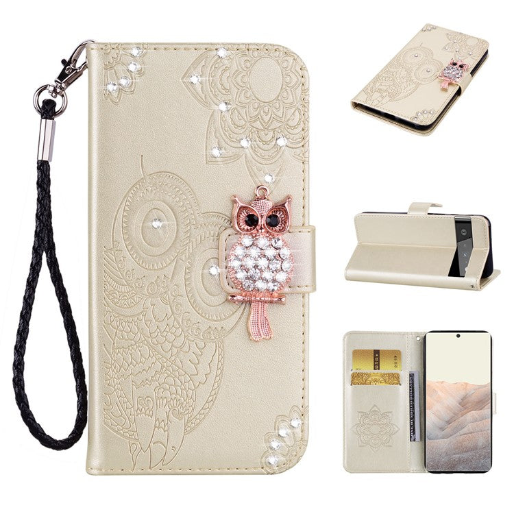 Bling Rhinestone Decor Imprinted Owl Flower Pattern Leather Case Shell with Stand Wallet for Google Pixel 6 - Gold