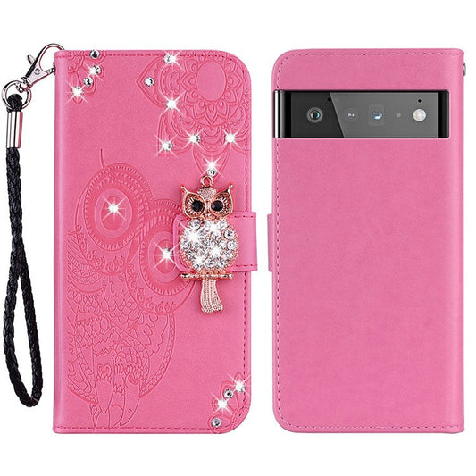 Bling Rhinestone Decor Imprinted Owl Flower Pattern Leather Case Shell with Stand Wallet for Google Pixel 6 - Rose