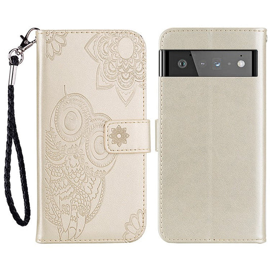 Scratch-resistant Flip Phone Case Imprinted Owl Flower Pattern Leather Wallet Shell for Google Pixel 6 Pro - Gold