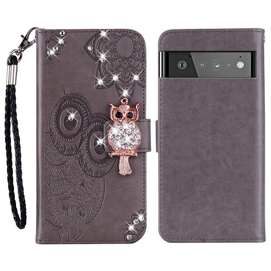 Flip Phone Case Bling Rhinestone Decor Imprinted Owl Flower Pattern Leather Wallet Shell for Google Pixel 6 Pro - Grey