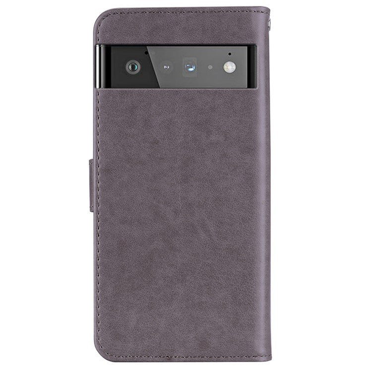 Flip Phone Case Bling Rhinestone Decor Imprinted Owl Flower Pattern Leather Wallet Shell for Google Pixel 6 Pro - Grey