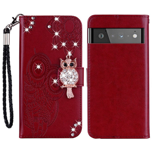 Flip Phone Case Bling Rhinestone Decor Imprinted Owl Flower Pattern Leather Wallet Shell for Google Pixel 6 Pro - Red