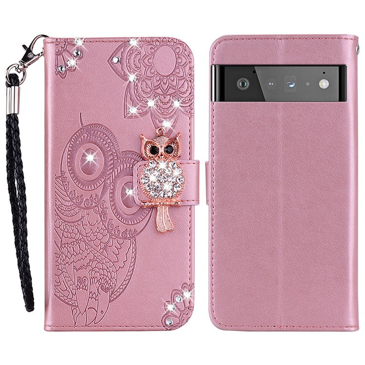 Flip Phone Case Bling Rhinestone Decor Imprinted Owl Flower Pattern Leather Wallet Shell for Google Pixel 6 Pro - Rose Gold
