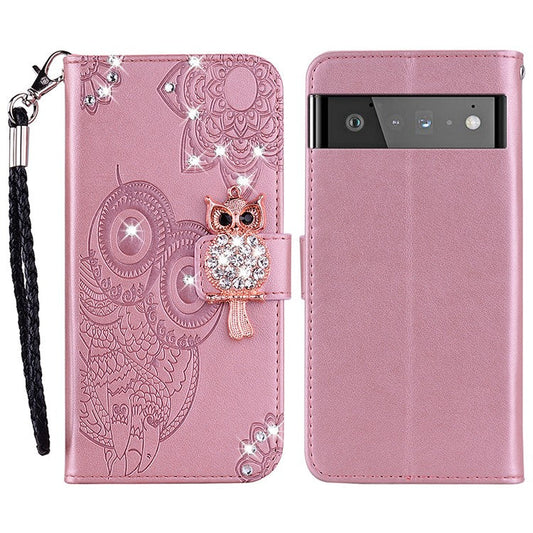 Flip Phone Case Bling Rhinestone Decor Imprinted Owl Flower Pattern Leather Wallet Shell for Google Pixel 6 Pro - Rose Gold