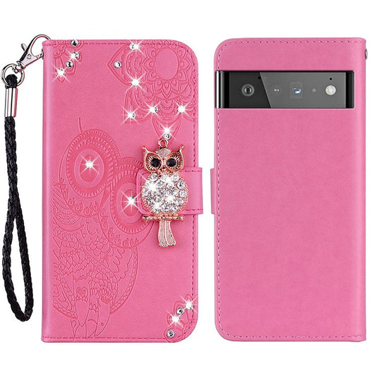 Flip Phone Case Bling Rhinestone Decor Imprinted Owl Flower Pattern Leather Wallet Shell for Google Pixel 6 Pro - Rose