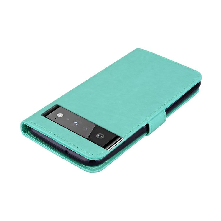 Flip Phone Case Bling Rhinestone Decor Imprinted Owl Flower Pattern Leather Wallet Shell for Google Pixel 6 Pro - Cyan