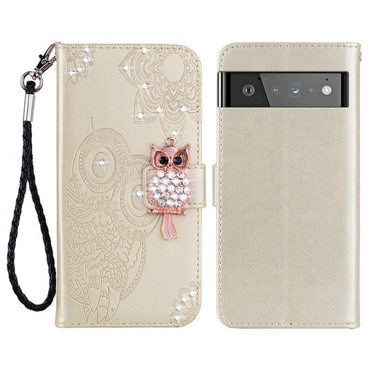 Flip Phone Case Bling Rhinestone Decor Imprinted Owl Flower Pattern Leather Wallet Shell for Google Pixel 6 Pro - Gold