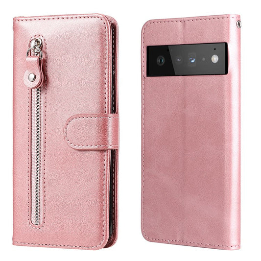 PU Leather Zippered Pocket Phone Case Coin Wallet Stand Folding Case for Google Pixel 6 Pro - Rose Gold