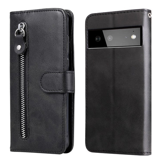 Folding PU Leather Phone Case Zipper Pocket Design Full-Protective Case with Wallet Stand for Google Pixel 6 - Black