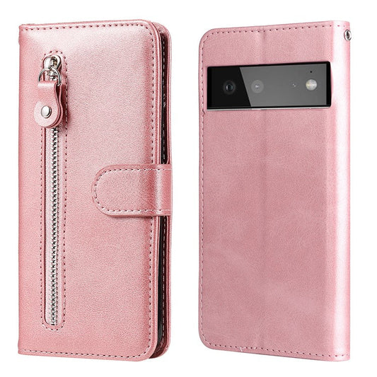 Folding PU Leather Phone Case Zipper Pocket Design Full-Protective Case with Wallet Stand for Google Pixel 6 - Rose Gold