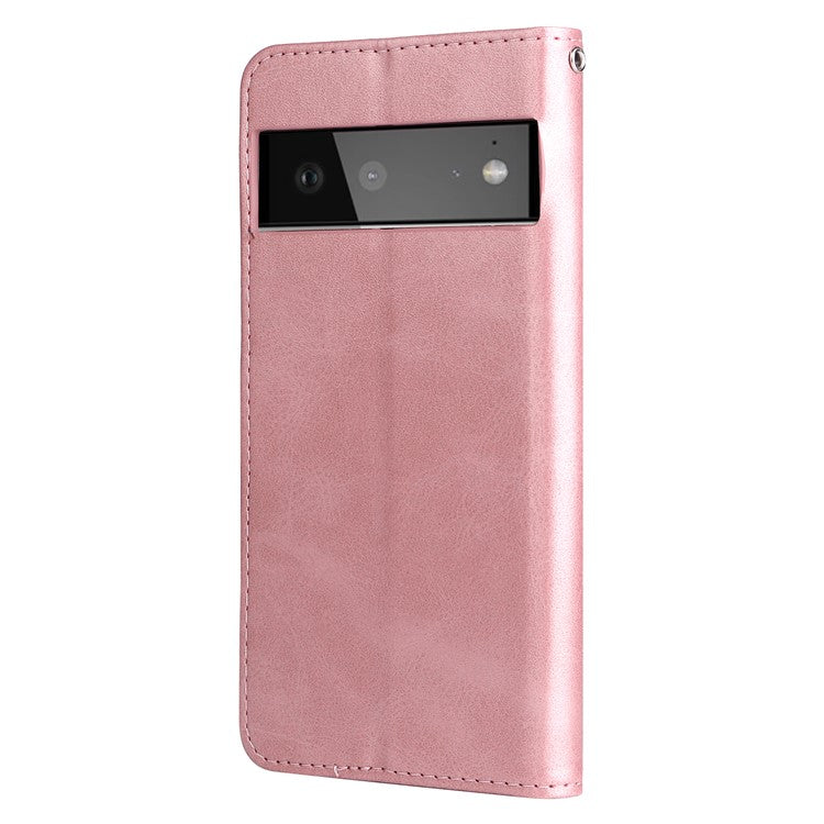 Folding PU Leather Phone Case Zipper Pocket Design Full-Protective Case with Wallet Stand for Google Pixel 6 - Rose Gold