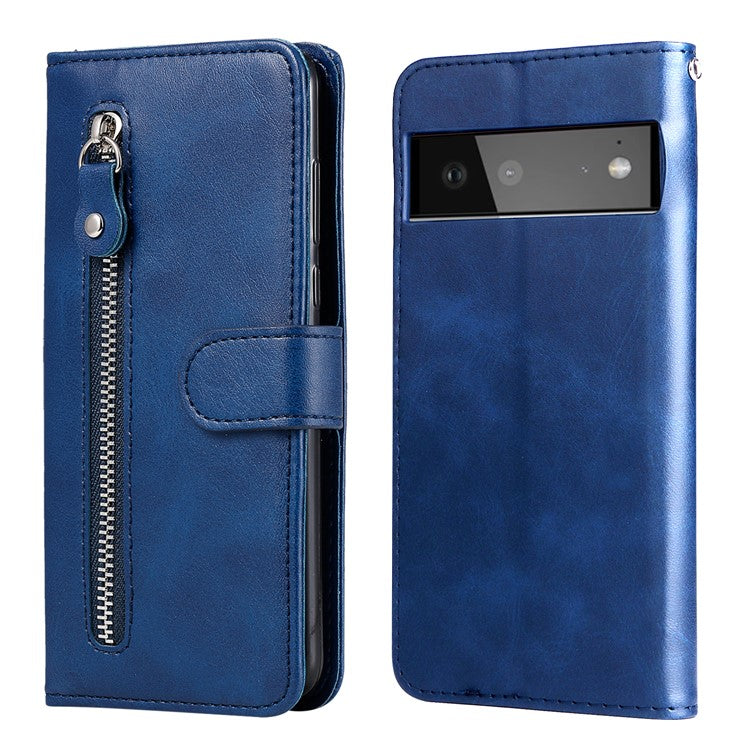 Folding PU Leather Phone Case Zipper Pocket Design Full-Protective Case with Wallet Stand for Google Pixel 6 - Blue