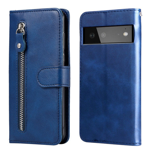 Folding PU Leather Phone Case Zipper Pocket Design Full-Protective Case with Wallet Stand for Google Pixel 6 - Blue