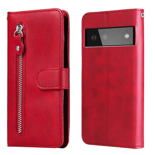 Folding PU Leather Phone Case Zipper Pocket Design Full-Protective Case with Wallet Stand for Google Pixel 6 - Red