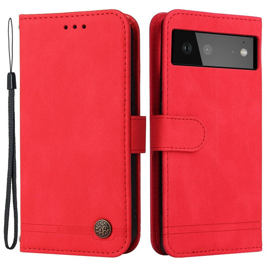 Anti-fingerprint Phone Flip Case Retro Tree Pattern Metal Button Decor Stand Wallet PU Leather+TPU Cover for Google Pixel 6 - Red