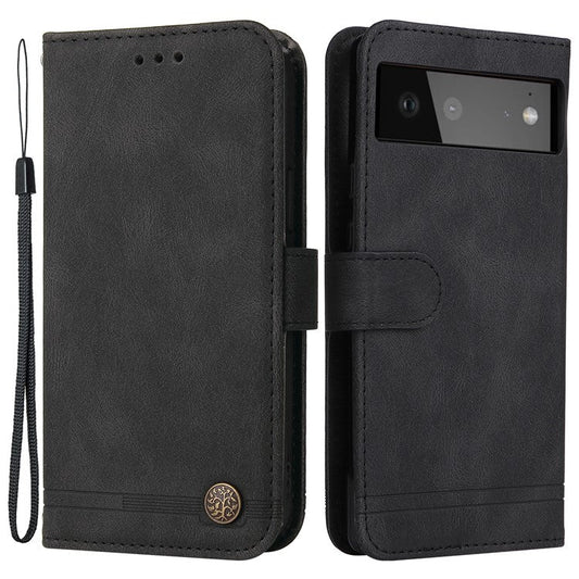 Anti-fingerprint Phone Flip Case Retro Tree Pattern Metal Button Decor Stand Wallet PU Leather+TPU Cover for Google Pixel 6 - Black