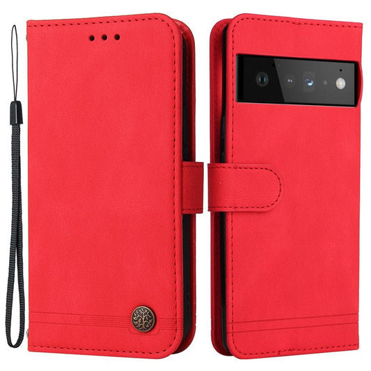 Supporting Stand Card Slots Phone Flip Case Retro Tree Pattern Metal Button Decor Wallet PU Leather+TPU Cover for Google Pixel 6 Pro - Red