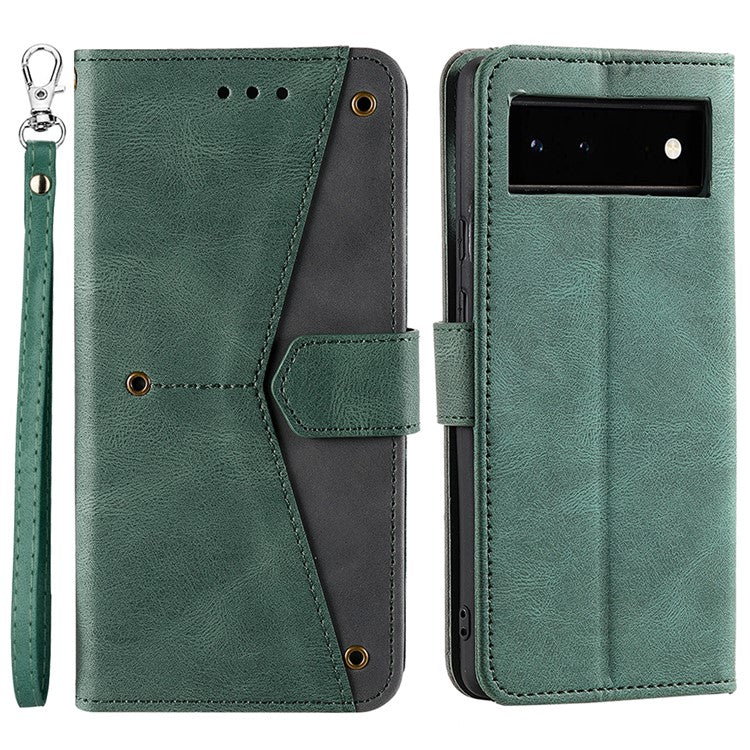 Protective Cover Splicing PU Leather and TPU Phone Flip Case Stitching Skin-touch Stand Wallet for Google Pixel 6 - Green