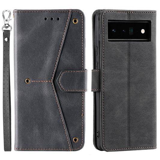 Splicing PU Leather and TPU Phone Flip Case Stitching Skin-touch Stand Wallet Phone Protective Cover for Google Pixel 6 Pro - Black